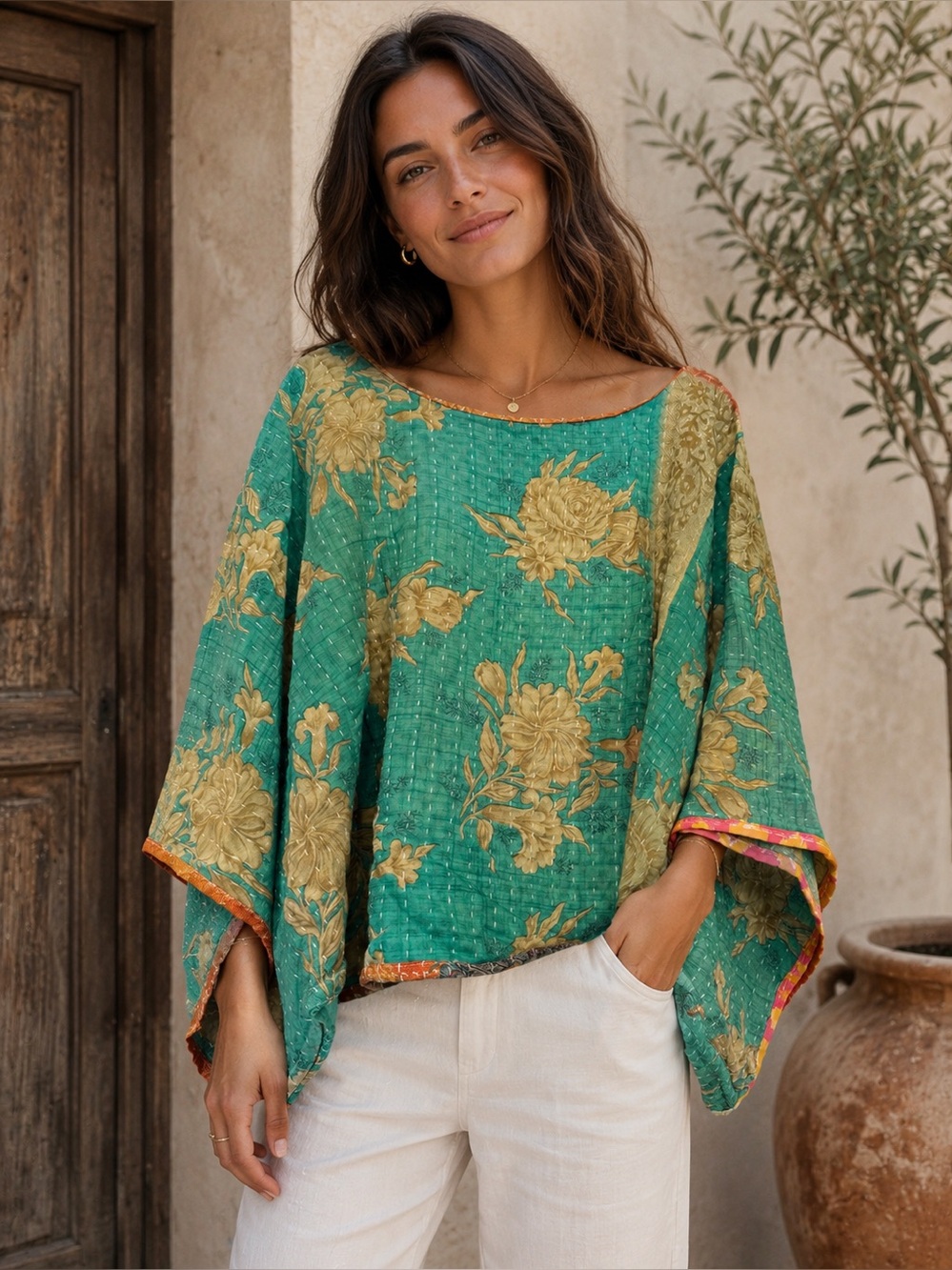 Boho Chic Reversible Kantha Top – Artisan Floral Statement Blouse NWOT